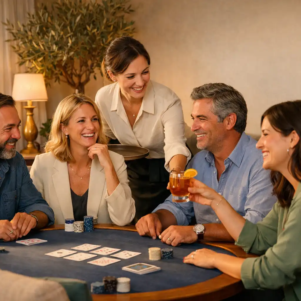 Amis en conversation autour d’une table de poker dans le Card Lounge, avec verres et lumière chaleureuse