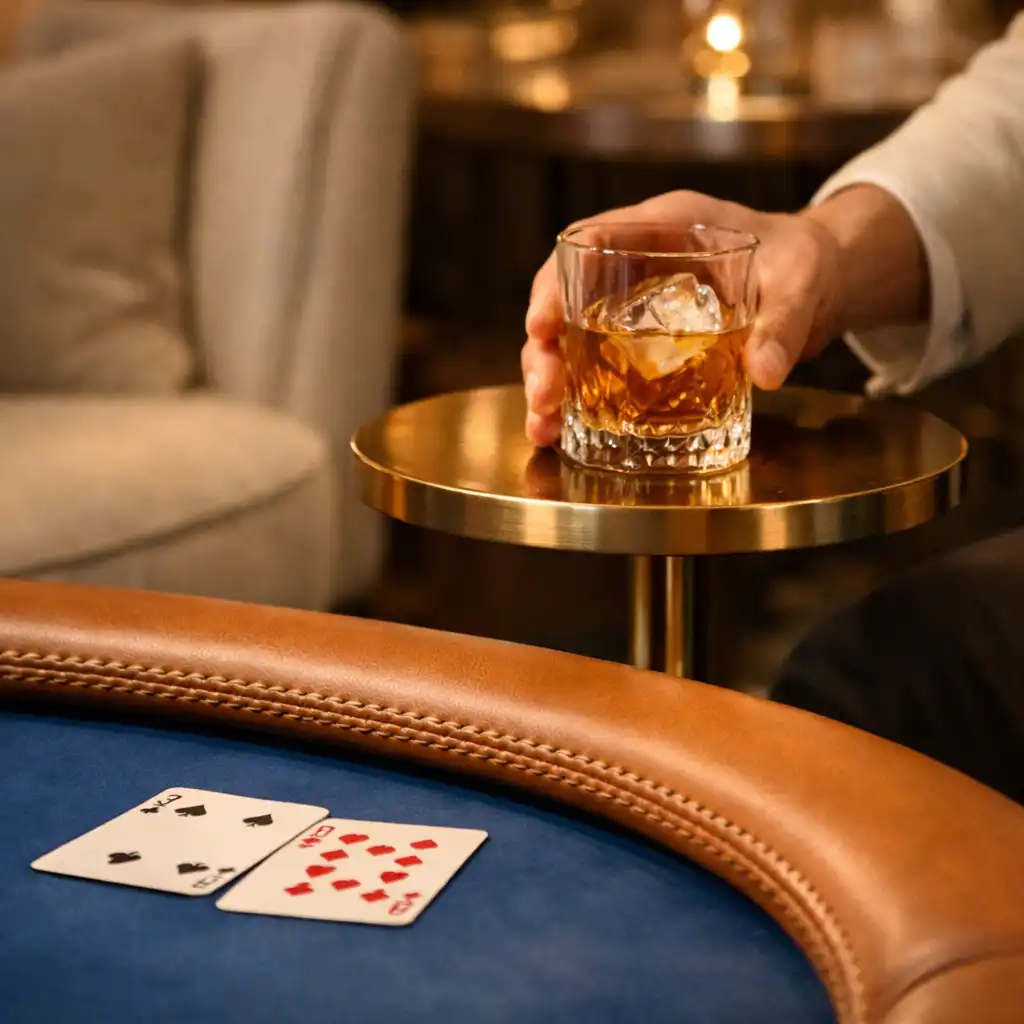 Une main pose un verre près du bord en cuir d’une table de poker au feutre bleu profond.