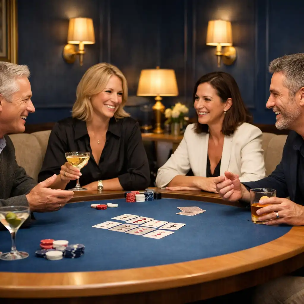 Des amis autour d’une table de poker en feutre bleu dans le Card Lounge de Table Auberge.
