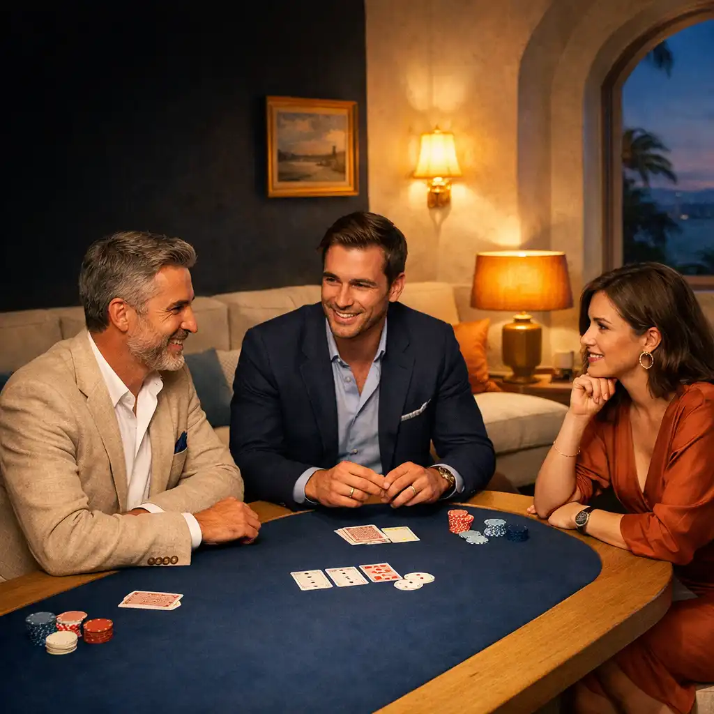 Trois amis conversent autour d’une table de poker en bois clair et feutre bleu dans le Card Lounge.