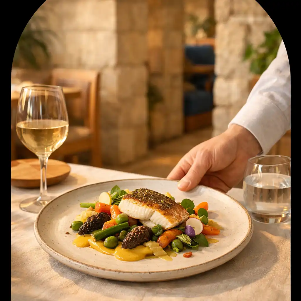 Une assiette de cuisine française contemporaine déposée sur une table en lin ivoire.