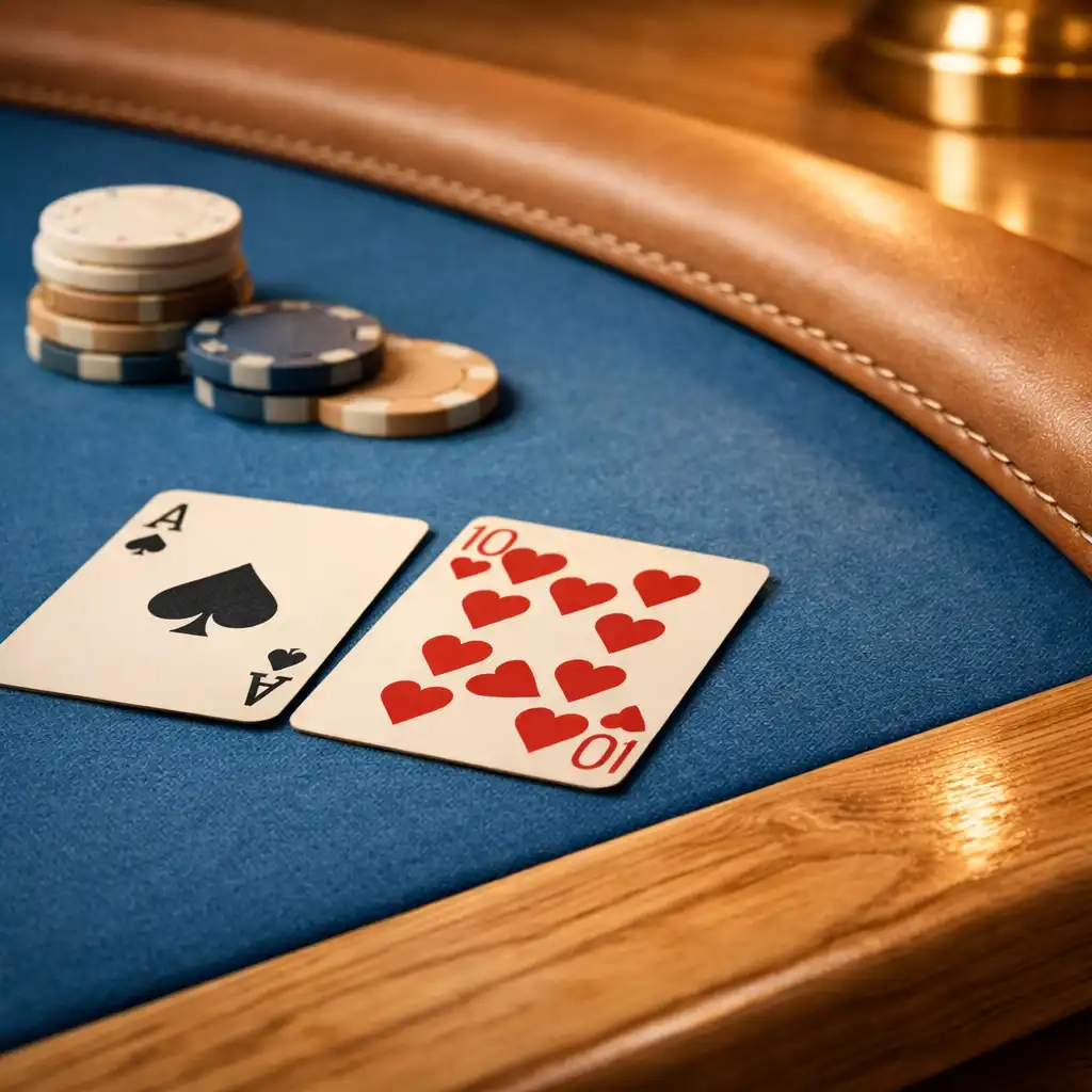 Gros plan sur le feutre bleu, le cuir cousu et le bois clair d’une table de poker raffinée