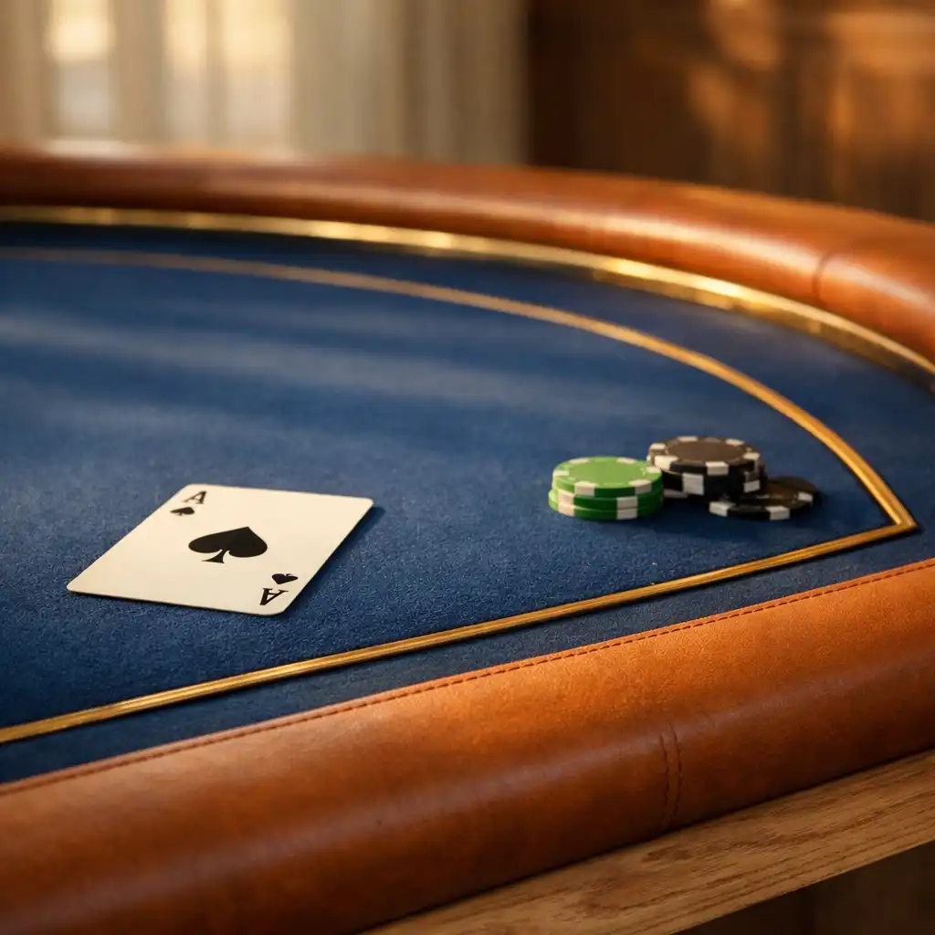 Détail d’une table de poker avec feutre bleu, bordure en cuir et accents de laiton