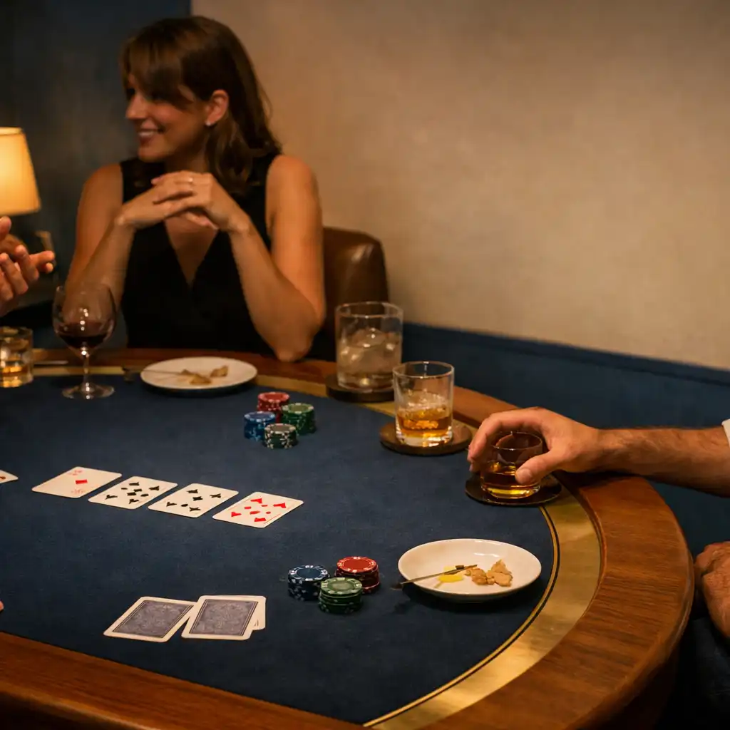 Des amis autour d'une table de poker en feutre bleu avec cartes, verres et petites assiettes