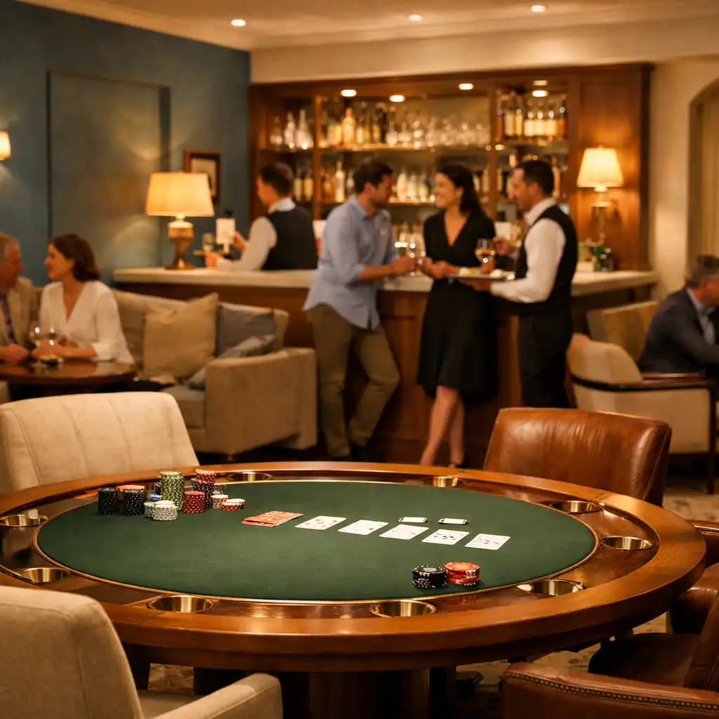 Card Lounge chaleureux avec table de poker, fauteuils et bar en arrière-plan