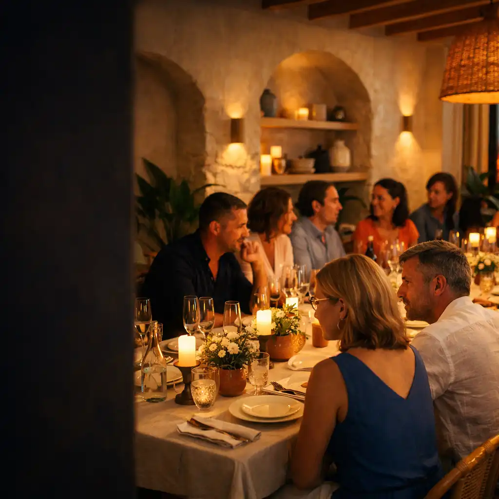 Longue table dressée pour un dîner de groupe dans une salle chaleureuse de Table Auberge