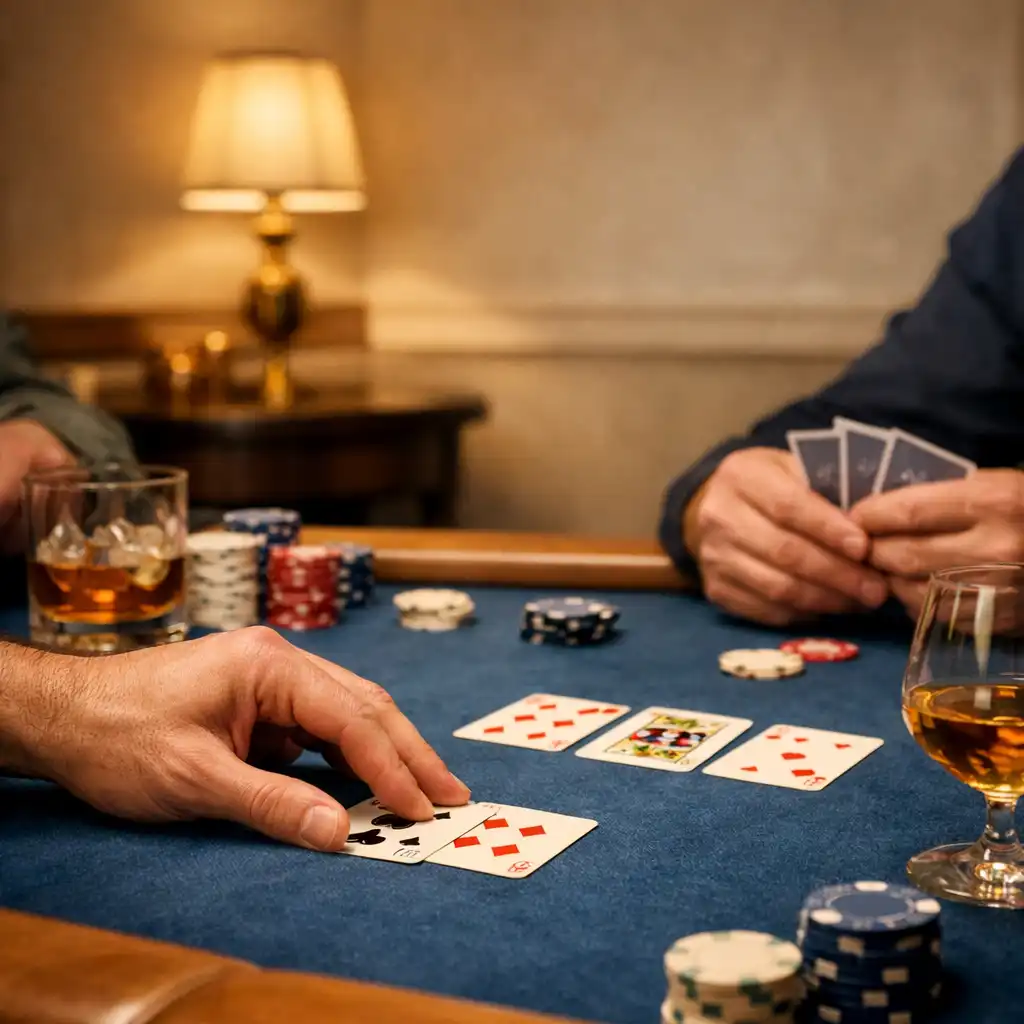 Mains autour d’une table de poker en bois clair, cartes posées sur un feutre bleu