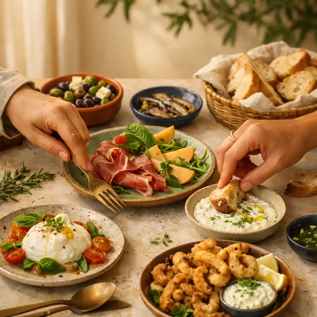Des mains se servent des entrées partagées sur une table en pierre claire