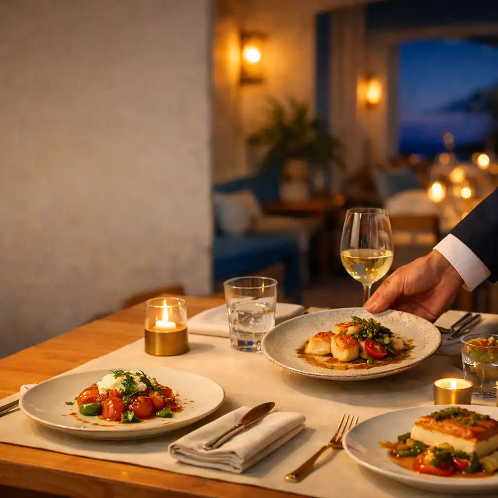 Une main de serveur dépose une assiette sur une table élégante éclairée au crépuscule