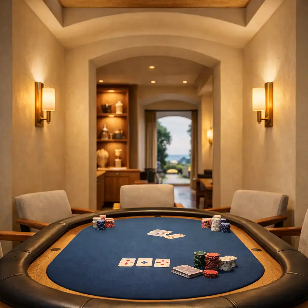Salle de poker avec table en feutre bleu, fauteuils confortables, cartes et jetons sous une lumière chaude