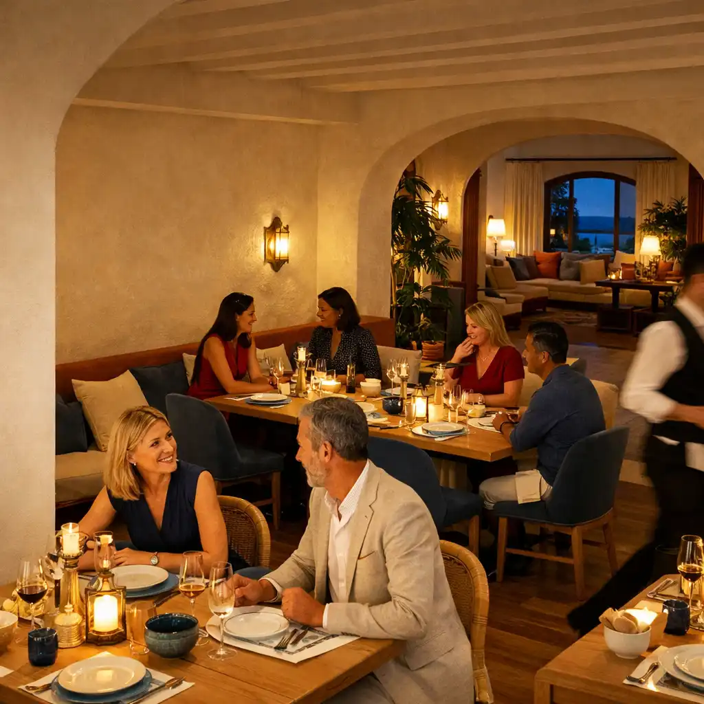 Convives et service attentif dans la salle principale de Table Auberge au crépuscule