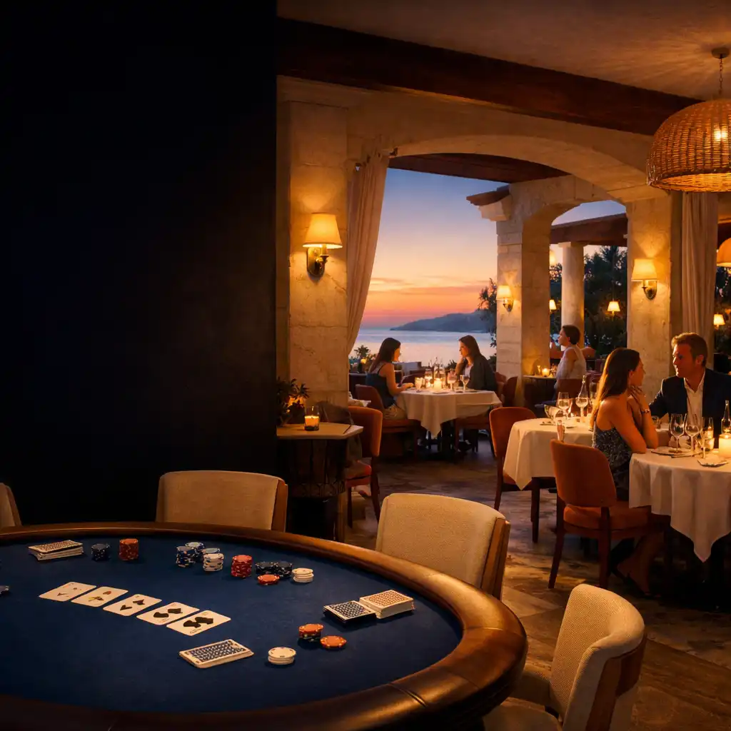 Salle et terrasse de Table Auberge au crépuscule, avec une table de poker raffinée près des tables de dîner.