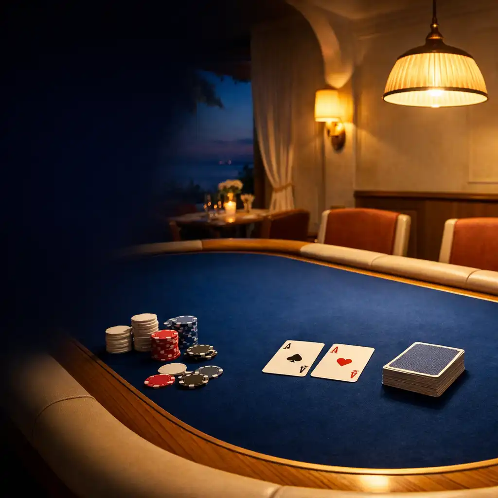 Table de poker au feutre bleu profond dans une salle aux lumières chaudes